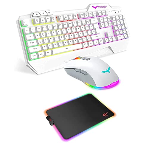 Havit White Rainbow Backlit Wired Gaming Keyboard Mouse Combo and Havit RGB Gaming Mouse Pad for Laptop Computer PC Games