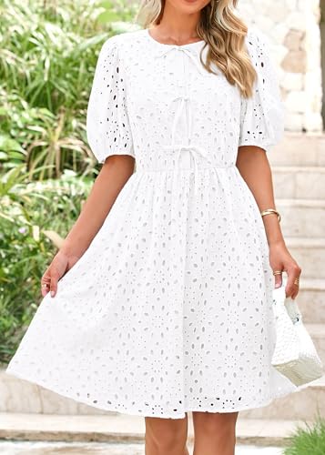 Image of KIRUNDO Eyelet Summer Dresses for Women 2025 Short Sleeve Tie Front Babydoll A Line Wedding Guest Beach Vacation Sundress
