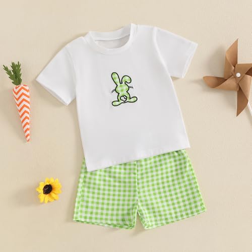 Image of Toddler Baby Boy Easter Rabbit Outfit Short Sleeve Bunny Carrot Smocked T-shirt Elastic Waist Shorts Summer Clothes