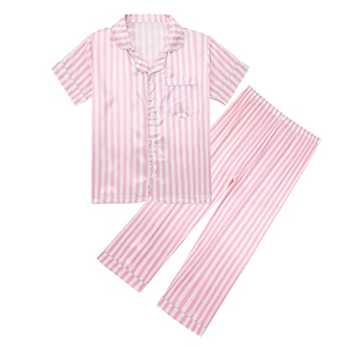 Teen Girls Summer 𝐏ajamas Silk Set Button-Down Short Sleeve Tops Pants Boys Kids Satin Loung𝐞wear 2Pcs Striped Sl𝐞epwear