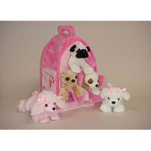 Plush Pink Dog House with Dogs – Five (5) Stuffed Animal Dogs in Pink Play Dog House Case