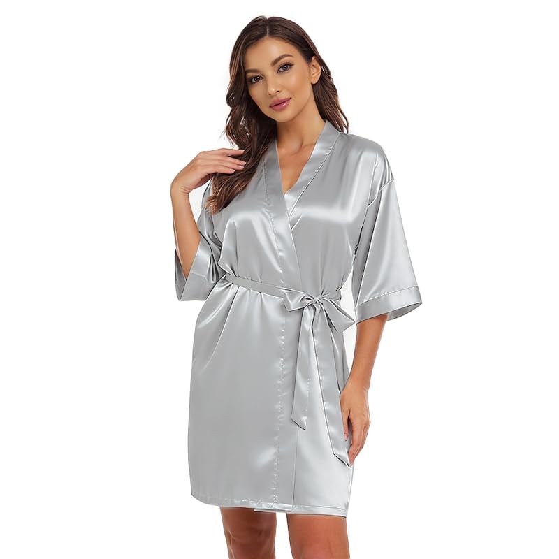 Image of Women's Bride Bridesmaid Robes Short Satin One Size Silver Rhinestones Wedding Party Getting Ready Sleepwear