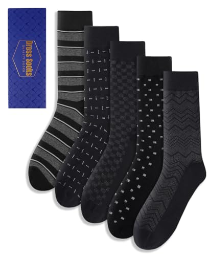 Mens Dress Socks Classic Patterned Business Crew Cotton Socks for Father Birthday Christmas Gifts 5 Pairs