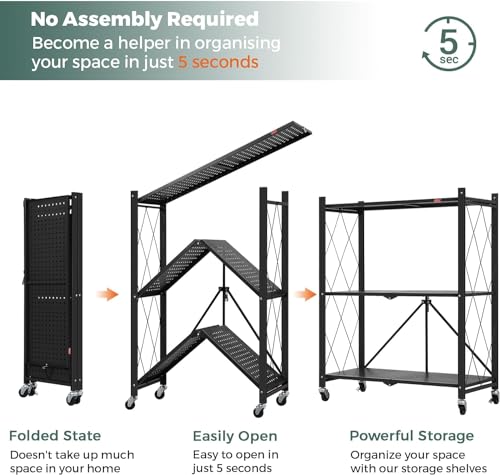Image of DEANIC 3 Tier Foldable Storage Shelves with Wheels, Kitchen Appliance Stand, Freestanding Metal Wire Shelf Rack, No Assembly Organizer Rolling Cart for Garage, Basement, Pantry (Black)