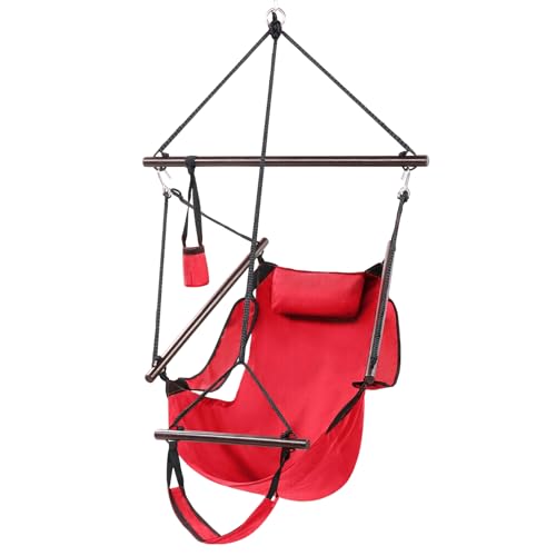 Image of ONCLOUD Hammock Chair Hanging Swing Seat Air Deluxe Rope Through Beech Wood Bars, Drink Holder & Fuller Pillow Safer Relax for Indoor Outdoor 250Lbs, Red