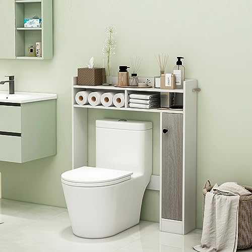COSTWAY Meuble WC au-Dessus de Toilettes, Meuble de Salle de Bain avec 2 Compartiments et 1 Placard de Rangement avec Étagères Réglables, Dispositif Anti-basculement, 18 x 88 x 100 cm (Blanc)