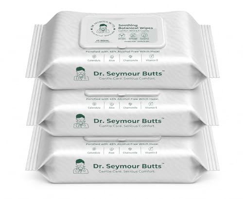 Dr. Seymour Butts Hemorrhoid Wipes 3 Pack (45 Count Each, 135 Total) Alcohol-Free - Witch Hazel 45% + Botanical Extracts (Aloe, Calendula, Chamomile) Gentle Cleansing Wipes for Comfort &amp; Freshness