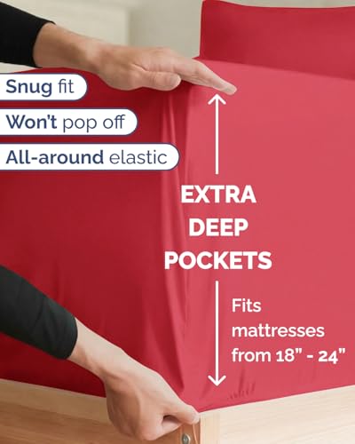 Image of Extra Deep Twin XL Sheet Set - 4 Piece Breathable and Cooling Sheets - Red | Hotel Luxury Bed Sheets Set, Easy & Secure Fit, Ultra-Soft, Wrinkle & Fade Free, Comfy Sheets Set with Extra Deep Pockets