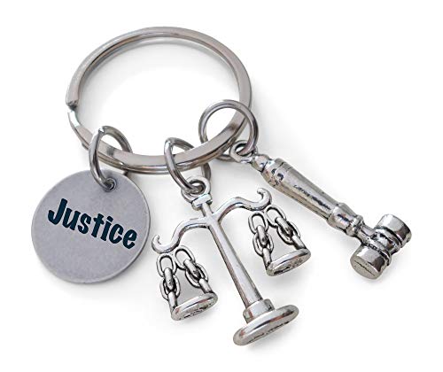 Custom Keychain with Engraved Tag and Scales of Law & Gavel Charm for Lawyer or Paralegal