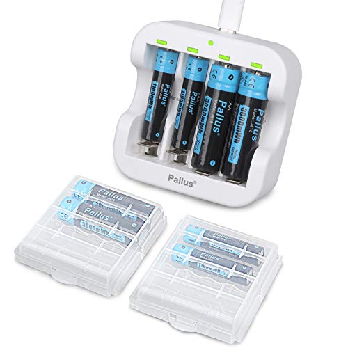 Rechargeable AA AAA Lithium Batteries, 4 Pack 3000mWh Li-ion AA Batteries and 4 Pack 1100mWh AAA Lithium Batteries with Fast Charger