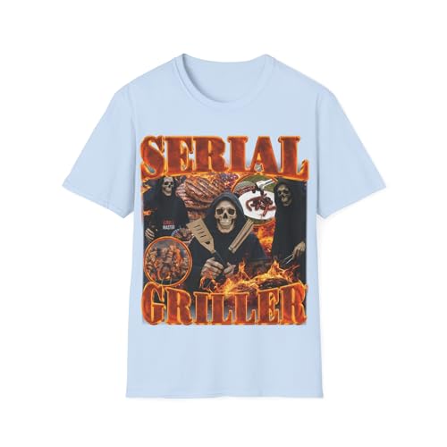 Serial Griller T-Shirt Lustiges Skelett Grillen BBQ Papa Geschenk Bootleg Meme Unisex Grafik Shirt, Hell, blau, XL