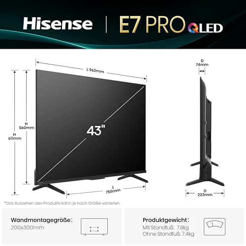 Hisense 43E7Q PRO Fehrnseher,43 Zoll, 4K UHD QLED, Smart TV,144Hz Game Mode PRO,Filmaker Mode, AMD FreeSync Premium,AI HDR Upscaler,Dolby Vision IQ,Dolby Atmos,Sprachsteuerung [2025] 2