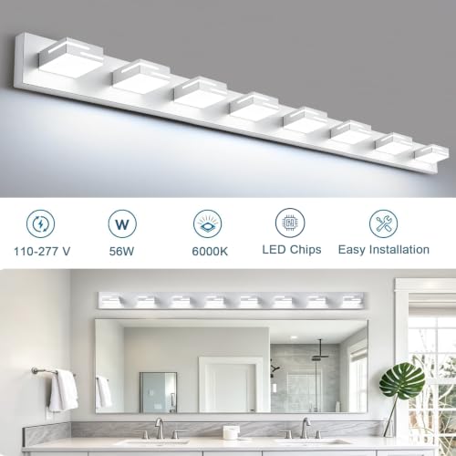 Image of LED Modern Bathroom Vanity Light Fixtures, Dimmable White Vanity Lights for Bathroom Lighting Fixtures Over Mirror, with 360 Rotatable Acrylic Heads 8-Light 54-inch (Cool White 6000K)