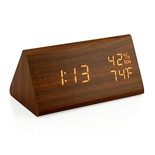 Oct17 Wooden Alarm Clock, Wood LED Digital Desk Clock, Upgraded with Time Temperature, Adjustable Brightness and Voice Control, Humidity Displaying - Brown