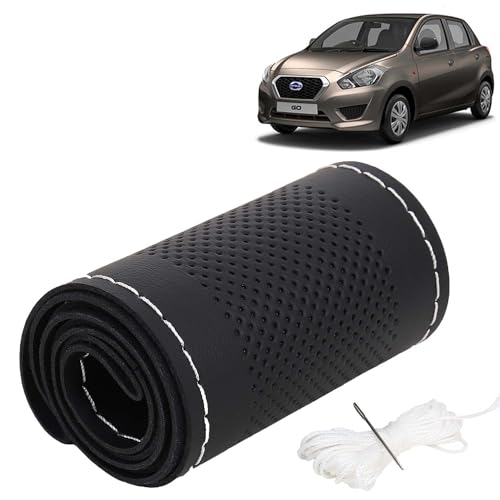 Image of KINGSWAY PU Leatherite Car Steering Cover Sewable Compatible with Datsun Go (Year 2014 Onwards), Black Color with Silver Thread, Pack of 1 with Sewing Needle and Thread