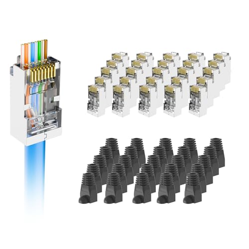 VCE 25-Pack Cat6 Shielded RJ45 Pass Through Connectors with RJ45 Strain Relief Boots (Black), Cat 6/Cat 5e End, Gold Plated 3 Prong Ethernet Modular Plug for Solid or Stranded STP/FTP Network Cable