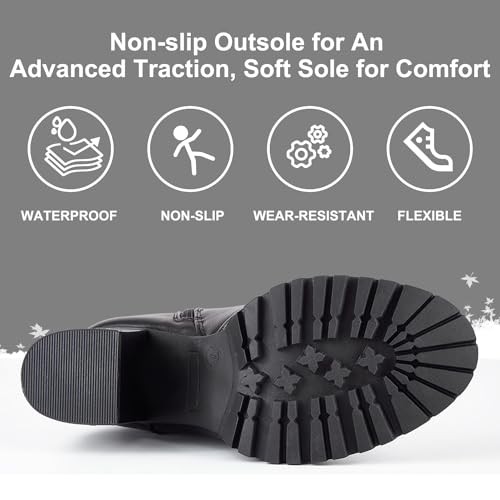 Dream Apparel Women's Faux Leather Over The Knee Thigh High Boots, Black Lace Up Knee High Boots With Chunky Heel, Sexy Biker Boots with Buckle3