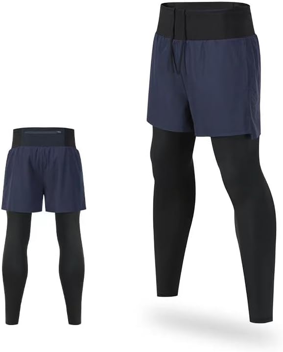Men’S 2-in-1 Compression Running Pants with Pocket,High Stretch Workout Leggings with Outer Shorts for Gym Training