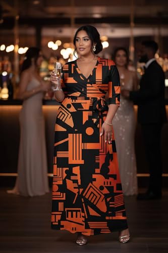 Image of Runwind Plus Size Dresses for Women Floral Maxi Dress Flowy 3 /4 Sleeve with Belt