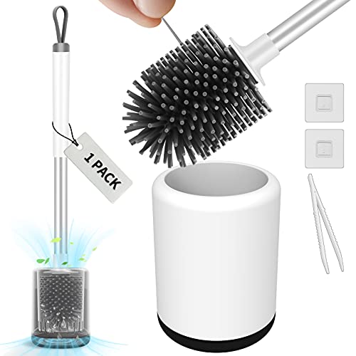 Toilettenbürste, Silikon Klobürste mit schnell trocken Behälter und Edelstahl Griff, WC Bürste mit Abnehmbar Wasserspeicherschublade, Stehen & Wandmontage Toilettenbürstenhalter Ohne Bohren Cover