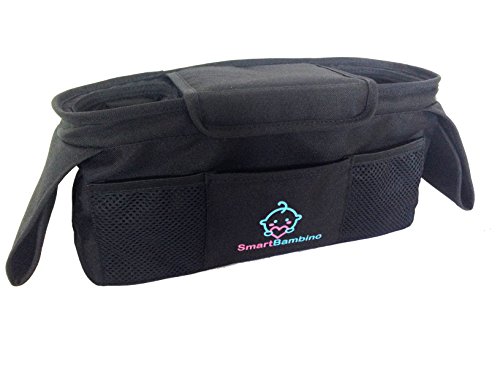 SmartBambino Stroller Organizer-Universal Fit-Cup and Bottle Holder-Covered Compartment and Pockets-Simple and Secure Attachment-Perfect Baby Shower Gift-100%