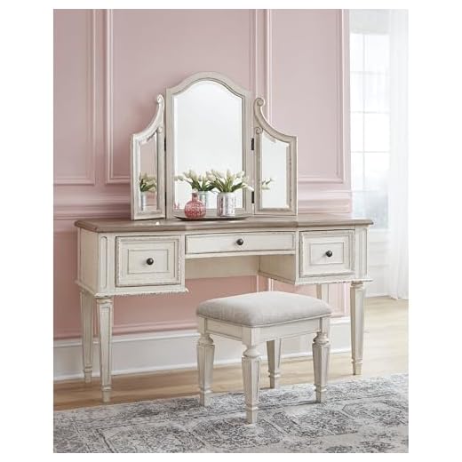 Signature Design by Ashley Realyn Traditional Cottage 3 Drawer Vanity Set with Dovetail Construction, Mirror & Stool Included, Chipped White, Distressed Brown