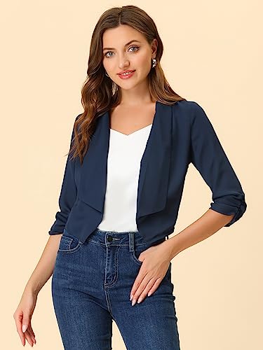 Image of Allegra K Summer Chiffon Bolero Shrug Blazer for Women's 3 /4 Ruched Sleeve Shawl Lapel Thin Lightweight Open Front Cardigans