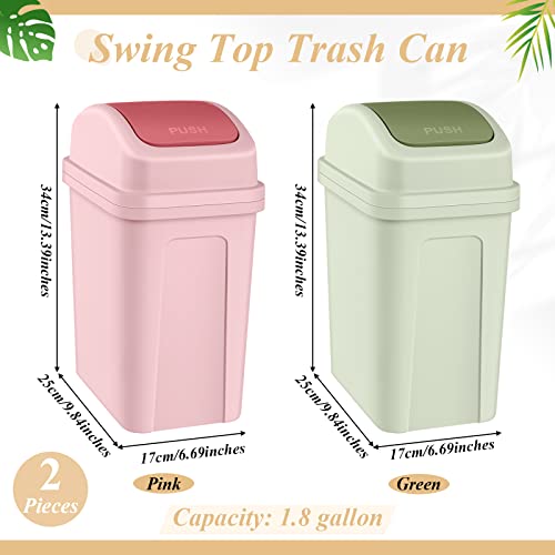 Image of Sumind 2 Pcs 1.8 Gallon Bathroom Trash Can with Swing Lid Small Garbage Can Plastic Bathroom Trashcan Garbage Bin for Kitchen Waste Bedroom Room Outdoor (Green and Pink)