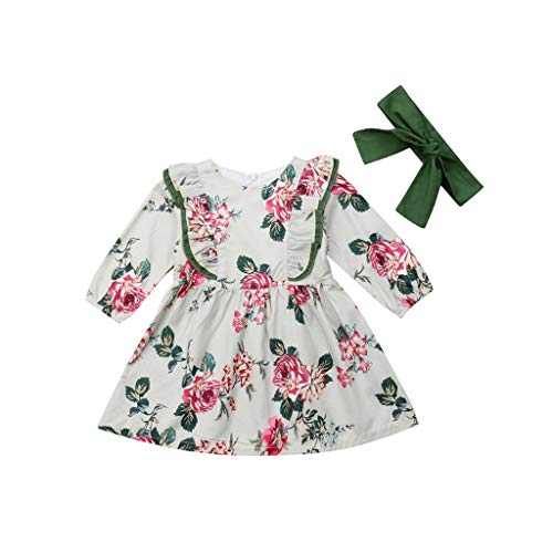 Toddler Kids Baby Girls Casual Dress Fall Clothes Long Sleeve Flower Print Ruffle Princess Dress with Headband Sets Outfit (Green, 12-18 Months(80))