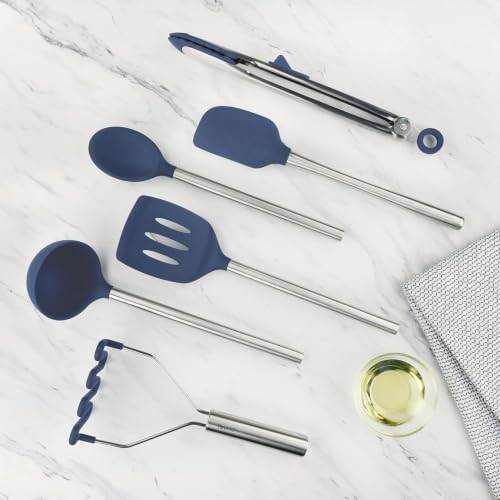 Image of Tovolo Silicone Cooking Utensil Set of 6 Stainless Steel Handle Ladle Slotted Turner Tongs Flex Core Spatula Scraper Mixing Spoon & Potato Masher, Dishwasher Safe BPA Free Utensils, Deep Indigo