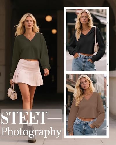 Ficerd 3 Pack Women's Crop Long Sleeve Tops V Neck Loose Cropped T Shirts Drop Shoulder Casual Basic Fall Winter Boxy Tees3