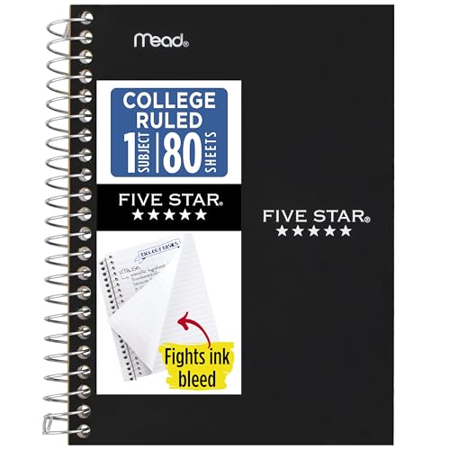 Image of Five Star Spiral Notebook, 1 Subject, College Ruled Paper, 4-3 /8 inch x 7 inch, Small Size, 80 Sheets, Fights Ink Bleed, Water Resistant Cover, Black (450048AA2-ECM)