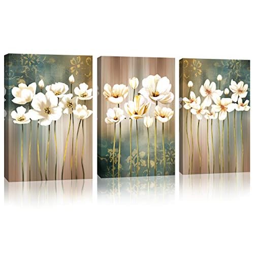 Modern Flower Artwork Canvas Wall Art Bathroom Wall Decor White Flower Abstract Background Canvas Prints Picture Bedroom Kitchen Home Decoration Size:12inch x16inch x 3 Pieces