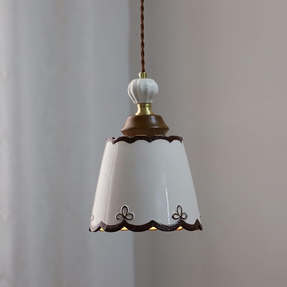 COSRUB Vintage Ceramic Pendant Light, Wave Bell Porcelain Hanging Lamp with Wood Accent Brass French Hand Painted Scalloped White Chandelier for Bedroom Bedside