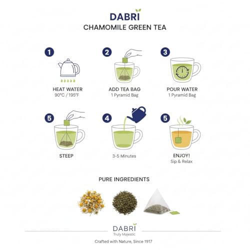 Image of Dabri Chamomile Green Tea 16 Pyramid Dip Tea Bags | Natural Whole Leaf & Chamomile Flowers | Relieves Menstrual Cramps & Stress | Aids Sleep & Digestion | Supports Glowing Skin & Strong Hair