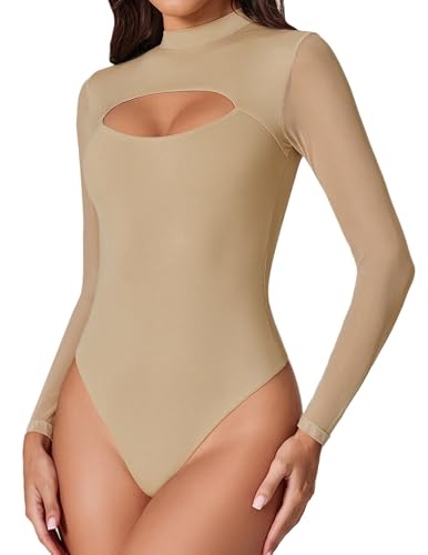 Avidlove Women Long Sleeve Thong Bodysuit Turtle Neck Shapewear Sexy Mesh Top Double Lined Cutout Shirt XS-2XL