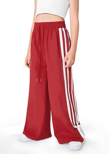 Child Girls Side Striped Bowknot Trendy Wide Leg Sweatpants Drawstring Y2K Streetwear Hip Hop Dance Cute Baggy Track Pants Red Size 9-10Y