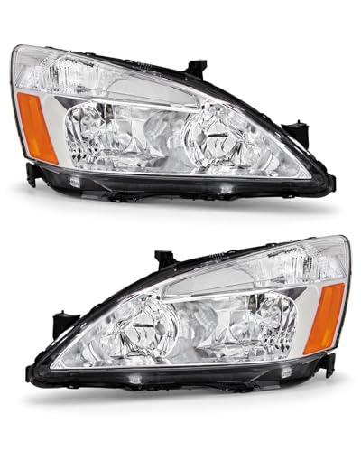 Headlight Assembly for Honda 2003-2007 Accord 2/4dr / 03 04 05 06 07 Accord Headlamp Clear Lens Chrome Housing with Amber Reflector Replacement Left and Right Pair