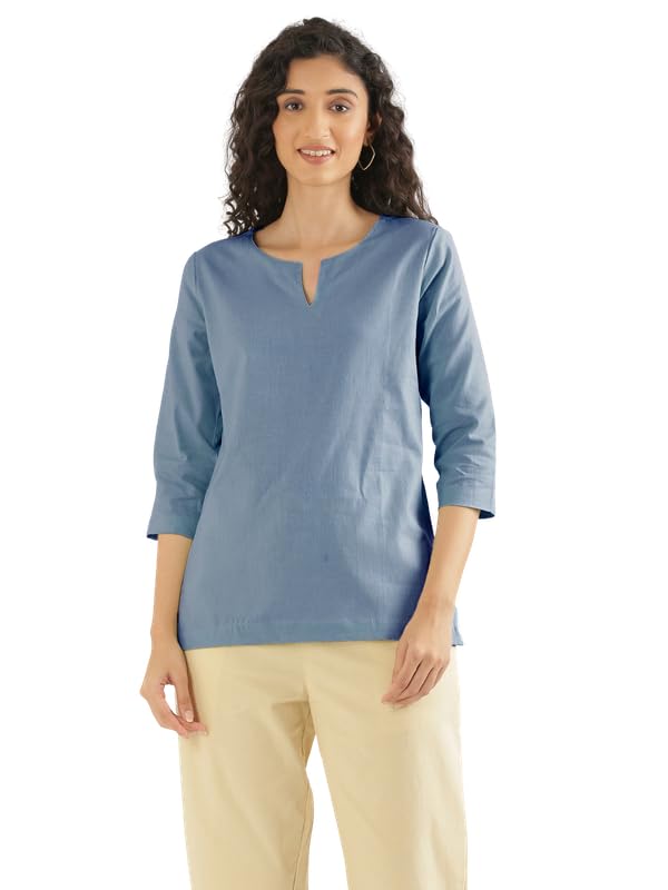 Image of SAADAA Airy Linen Split Neck Short Kurta for Women | Casual & Office Wear | 3 /4 Sleeves, Comfortable Fit | Elegant Top | Lightweight & Breathable Fabric |