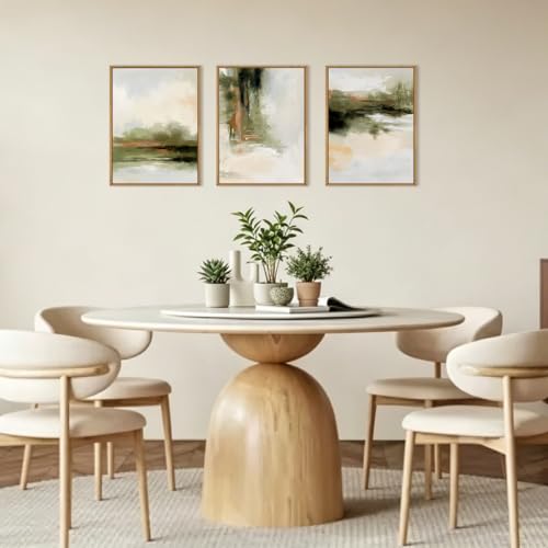 Image of KAIRNE Green Abstract Neutral Framed Canvas Wall Art Set,Modern Watercolor Shapes Wall Decor,Minimalist Pastel Art Prints,Brown Gray Tan Artwork for Living Room,Bedroom,Farmhouse,Office-12 x16 x3