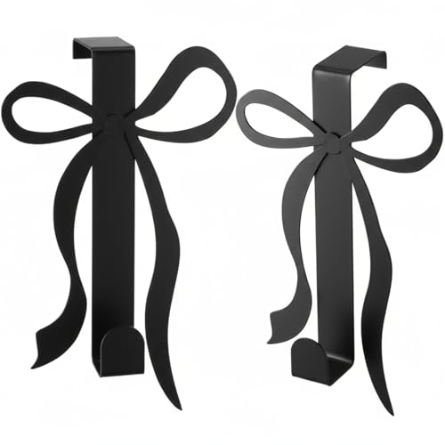 Image of Chunful 2 Pack Black Bow Over The Door Hook, Metal Strong Door Hanger Hook Coquette Room Decor Bow Accessories for Cabinet Living Room Bathroom Bedroom Kitchen Hanging Clothes Towels Hats Coats Bags