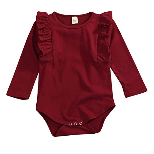 GRNSHTS Newborn Infant Clothes Baby Girls Long Sleeve Ruffles Romper Jumpsuit (A Wine, 12-18 Months)