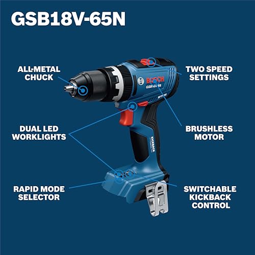 BOSCH GSB18V-65N 1/2 In. Brushless Hammer Drill/Driver - 575 In.-Lbs. Max Torque, Switchable KickBack Control, Rapid Mode Selector, Dual LED Worklights, All-Metal Chuck (Bare Tool) thumbnail 3