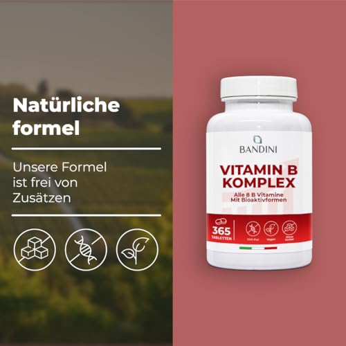 Bandini® Vitamin B Komplex Hochdosiert, 365 Tabletten für 12 Monate, B-Komplex mit alle 8 B-Vitamine B1, B2, B3, B5, B6, B7, B9, B12, Nervensystem, Stoffwechsel, Psychische Funktion, GVO-frei, Vegan