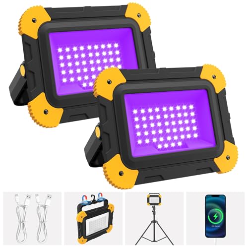 Image of AUMIO Rechargeable Black Light 2-Pack, 5000mAh Portable Battery Powered Magnetic LED Blacklights, Waterproof Cordless 405nm Ultraviolet Flood Light for Glow Party, Halloween, Catfishing, Body Painting