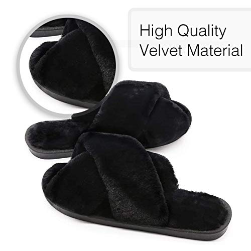 The Season Essentials U-slide Women’s Cross Band Soft Plush Fluffy Furry Fleece House Indoor or Outdoor Ladies’ Slide Slippers3