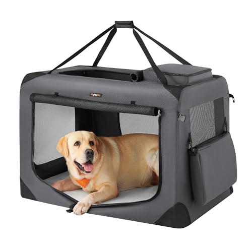 Feandrea Hundebox faltbar, Transportbox Hund, XXXL, Hundetasche, Oxford-Gewebe, Netzstoff, atmungsaktiv tragbar transportabel, Metallrahmen, mit Griffen, Taschen, 102 x 69 x 69 cm, grau PDC10G01