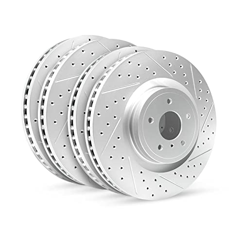 R1 Concepts Front Rear Brake Rotor Kit |Brake Rotors| Brake Disc |Drilled and Slotted|fits 2018-2022 Genesis G70; Kia Stinger #1