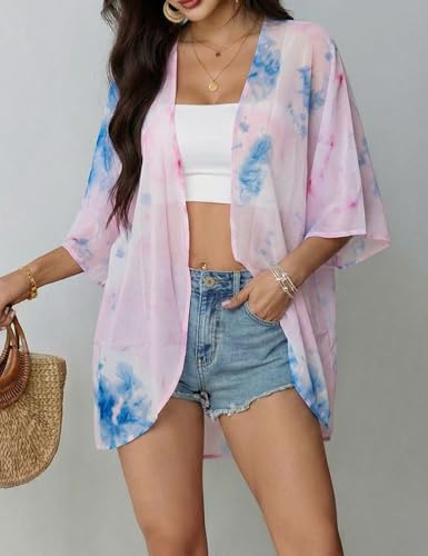 Image of Chunoy Women Floral Beach Wear Cover Up Chiffon Kimono Cardigan Open Front Blouse Top