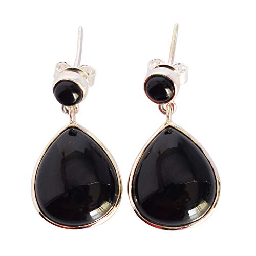 Boucles d'oreilles pendantes onyx noir argent 925 cabochon violet bleu